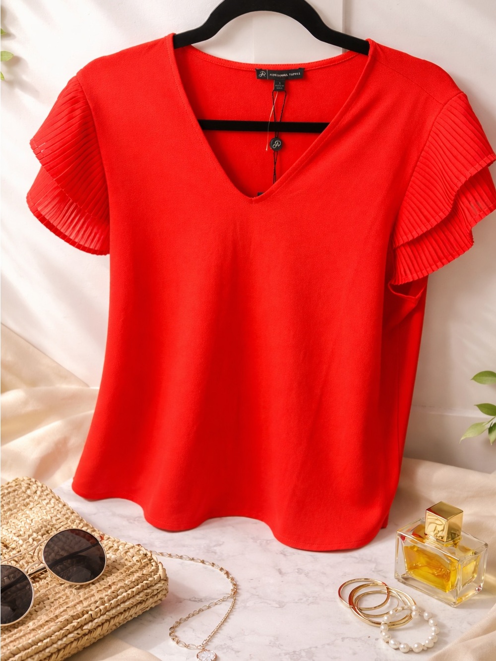 Adrianna Papell Bright Orange V-Neck Flutter Sleeve Tank